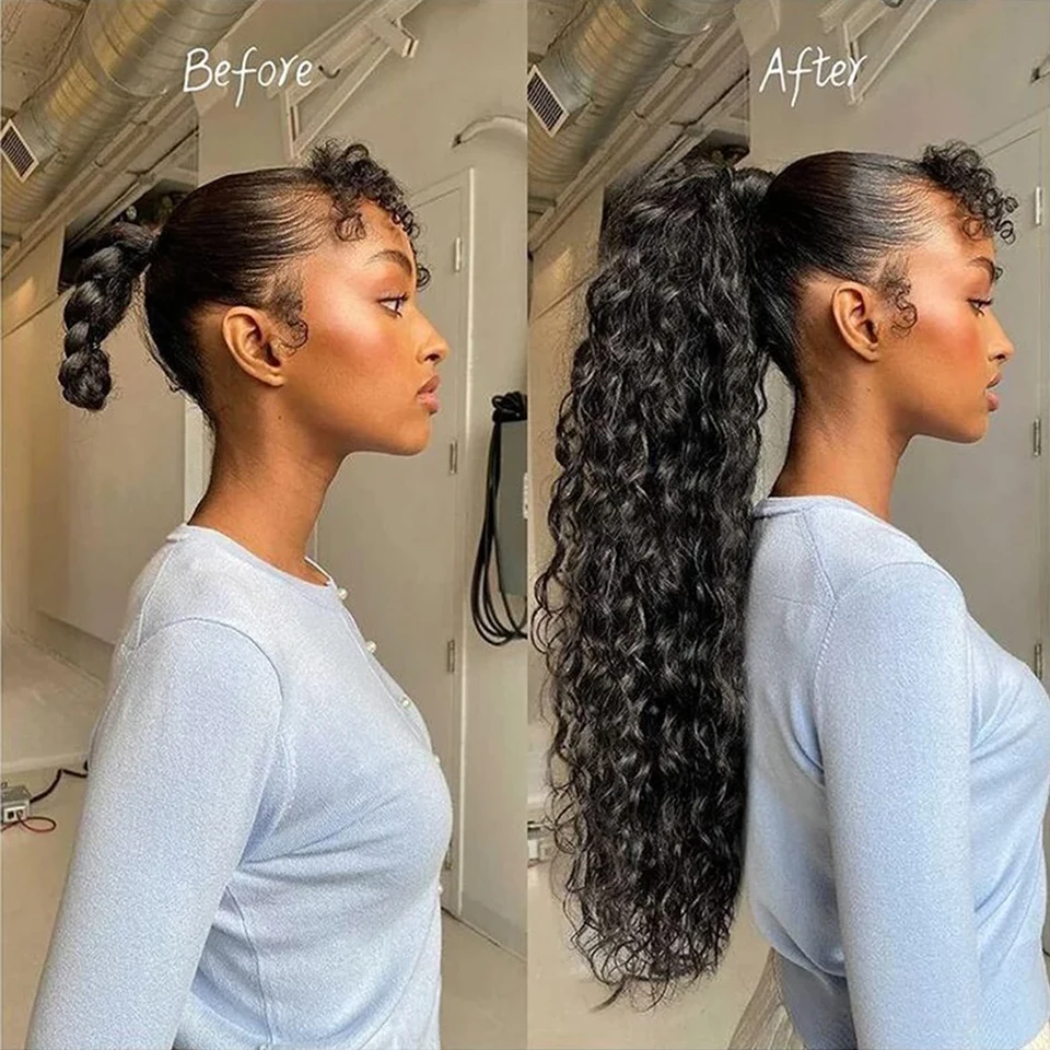 3032인치 워터 웨이브 랩 어라운드 포니테일 100% 인모 포니테일 연장 여성용 몽골리안 헤어