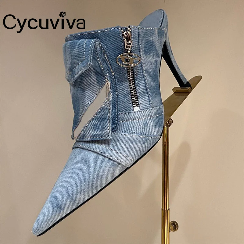 

Sexy Point Toe High Heel Women Slippers Designer Brand Denim Slides Summer High Heel Party Shoes 2023 New Gladistor Sandals