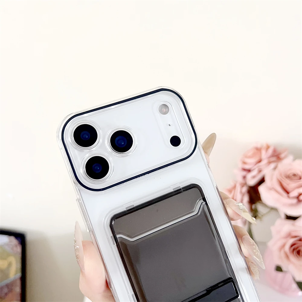 Transparent Card Holder Wallet Case with Folding Stand and Candy Color Finish