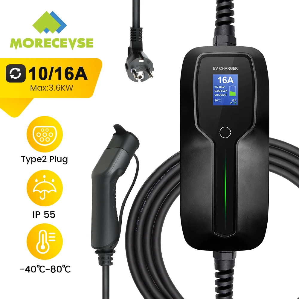 Morec EVSE Electric Car Vehicle Type 2 Portable EV Charger Charging Box  Cable 3.6KW Switchable 10/16A Schuko Plug with 6M Cable