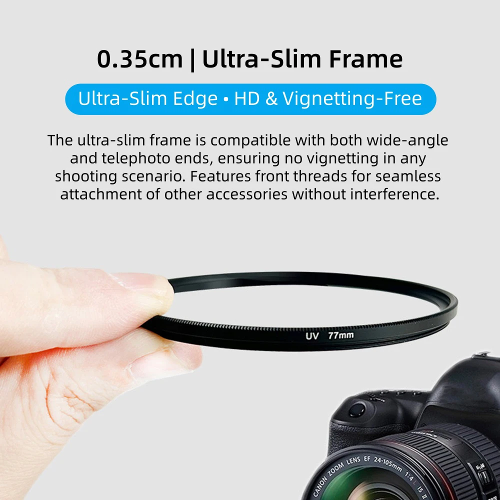 Filtre ND variable professionnel pour objectif photo avec capuchons de protection, vue éclatée