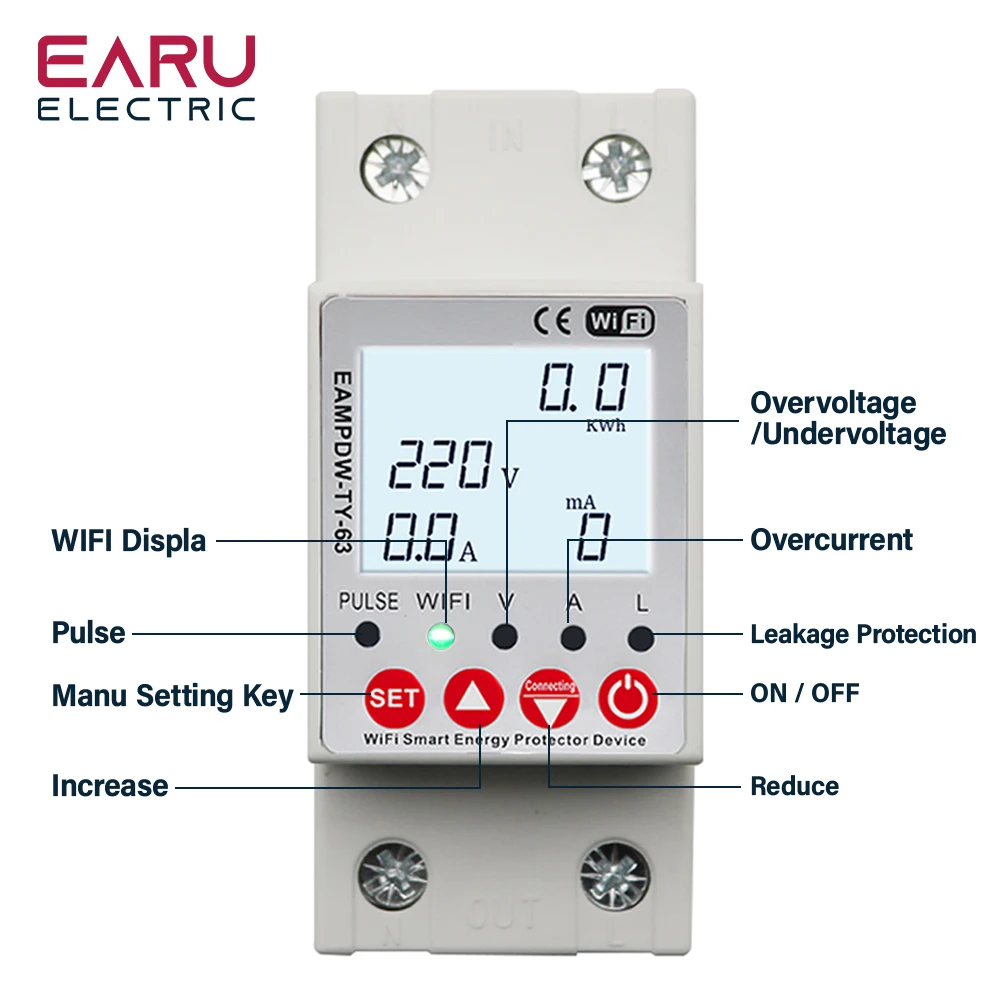 2P 63A TUYA APP WiFi Smart Circuit Earth Leakage Over Under Voltage Protector Relay Device Switch Breaker Energy Power kWh Meter power meter energy meter smart circuit breaker smart switch breaker smart switch