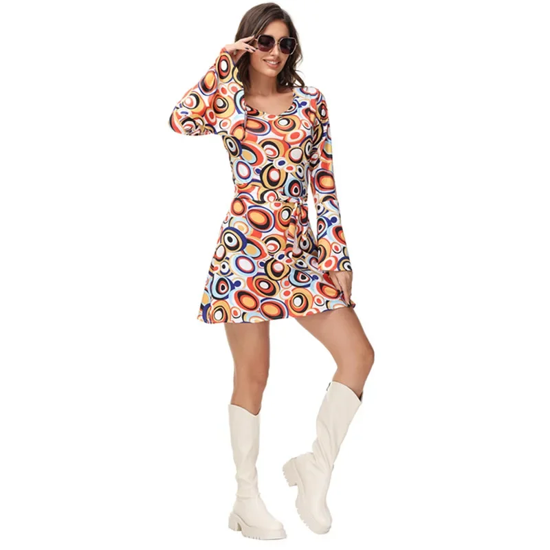 C51 Adult 60S 70S Go Go Retro Hippie Cosplay Costume Halloween Vintage Music Festival Party Love Peace Disco Couple Dress