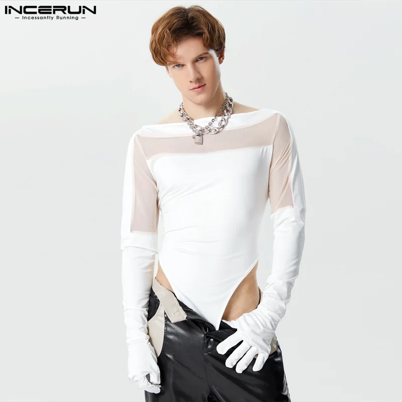 

INCERUN Sexy Style Homewear Men's Rompers Patchwork See-through Mesh Thimble Bodysuits Fashionable Long Sleeved Jumpsuits S-3XL