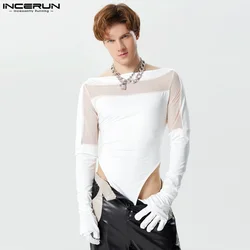 INCERUN Sexy Style Homewear Men's Rompers Patchwork See-through Mesh Thimble Bodysuits Fashionable Long Sleeved Jumpsuits S-3XL