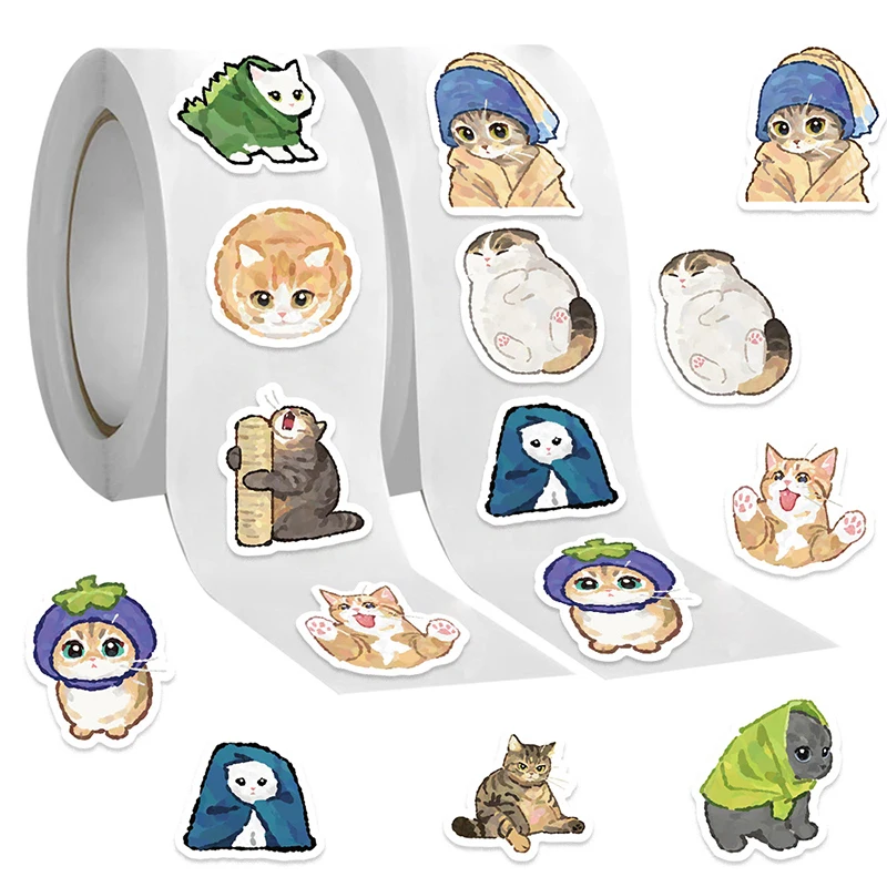 500PCS 1 롤 고양이 스티커 데칼 귀여운 밈 새끼 고양이 스티커 애완 동물 새끼 고양이 파티 비닐 스티커 장식, 재미있는 동물 데칼 라벨