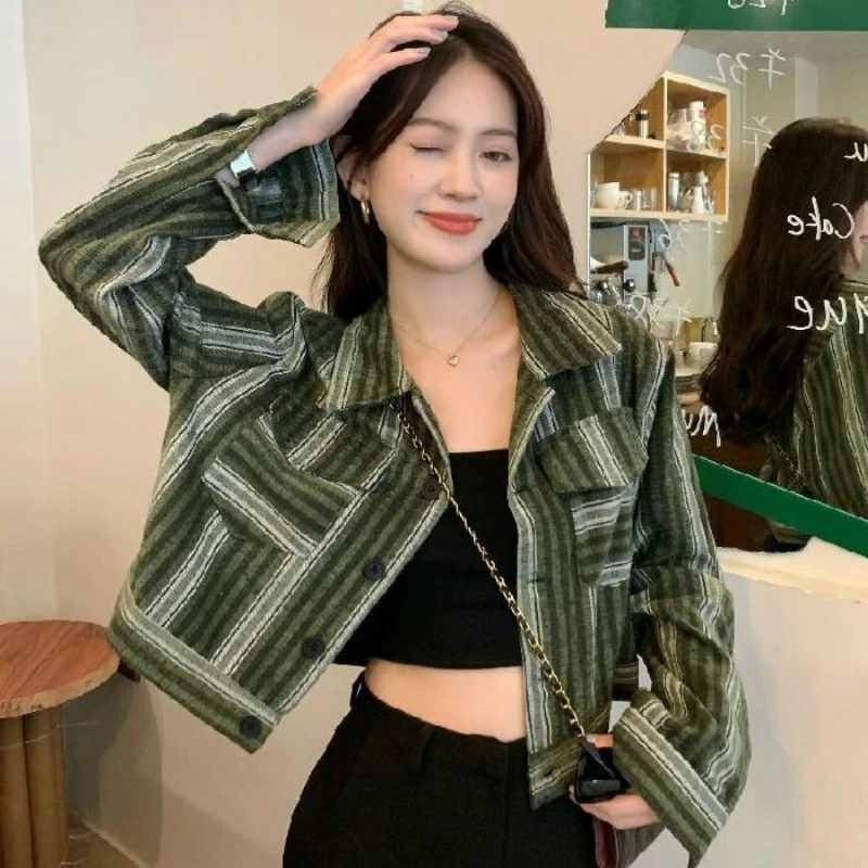 New Polo Collar Stripe Long Sleeve Small Fragrance Coat Women's Fashion Casual Top