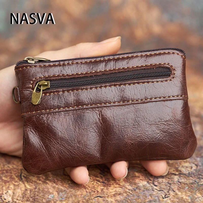 NASVA Genuine Leather Men's Wallet Retro Coin Bag Zipper Small Wallet Pocket For Men Women With Card Holder coin purse coin wallet change bag women wallet card wallet