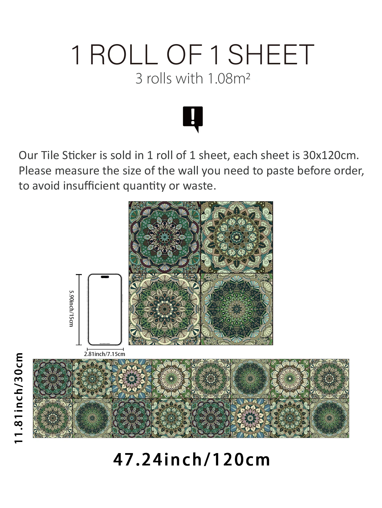 Kitchen Wall Sticker Green Mandala Style Thickened Moisture-proof Waterproof Background Beautification Decorative 1 roll