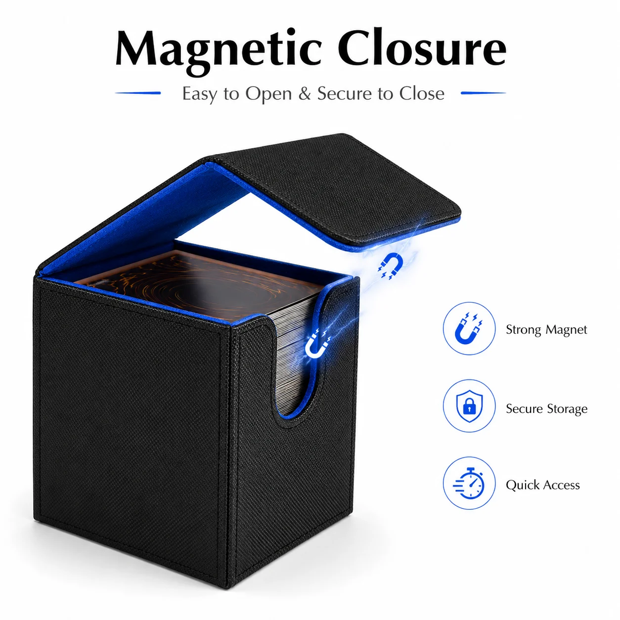 Premium PU Leather Card Deck Storage Box - Magnetic Closure, Holds 100+ Sleeved Game Cards, Blue