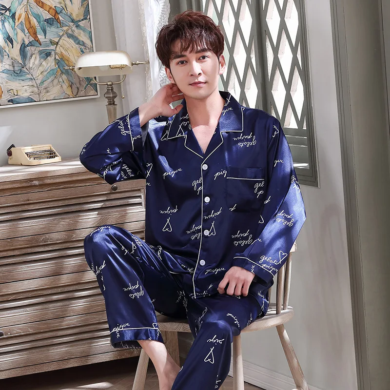 mens cotton pajama shorts Sleep Wear Men Pijamas Simulation Silk Couple Pajama Set Long-sleeved Trousers Mens Pajamas for Women 95% Polyester + 5%Spandex mens pyjama tops Men's Sleep & Lounge