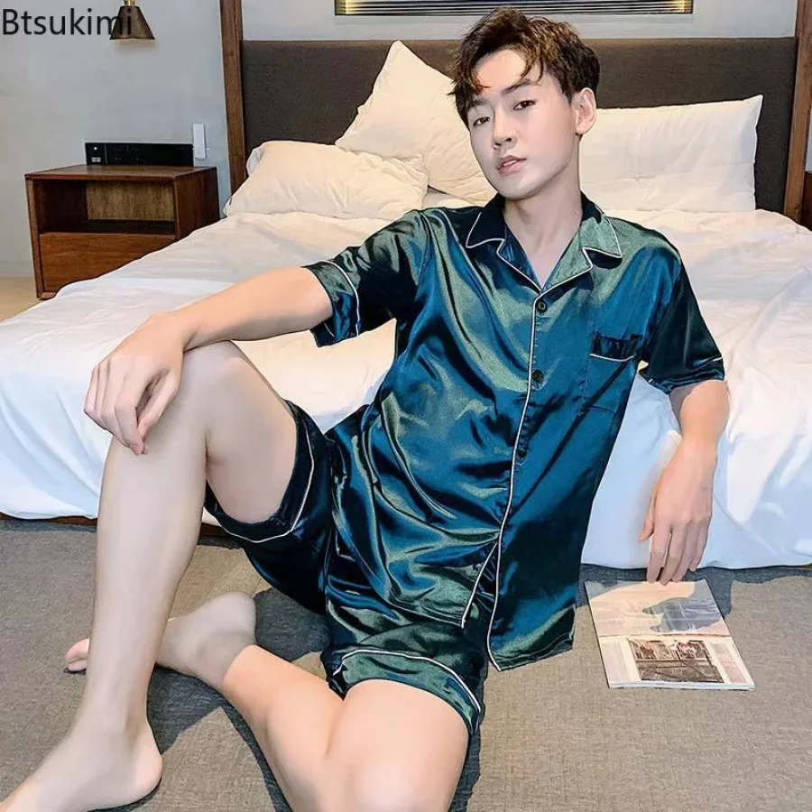 Summer men silk satin pajamas set Turn-down Collar Sleepwear Short Sleeve Nightwear 2 Pieces Sets Homewear 5XL