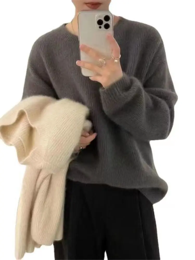 여성용 라운드 넥 캐시미어 스웨터, 두꺼운 회색 양모, 모헤어, 소프트 니트 스웨터, 긴팔 풀오버, 기본 상의, 2023 가을, 겨울