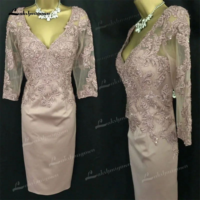 

Elegant Short Sheath Mother of the Bride Dress V Neck Lace Applique Three Quarter Wedding Guest Party Gown Evening Custom Made