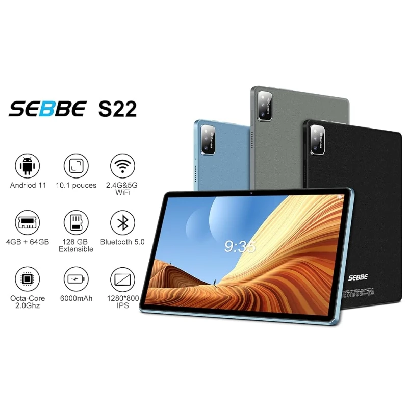 Tablette PC Android 11 de 10,1 pouces, processeur octocœur S22 Sun50iw, 4 Go de RAM, 64 Go de ROM, Cortex-A53, double caméra, port USB Type-C_voghion.com