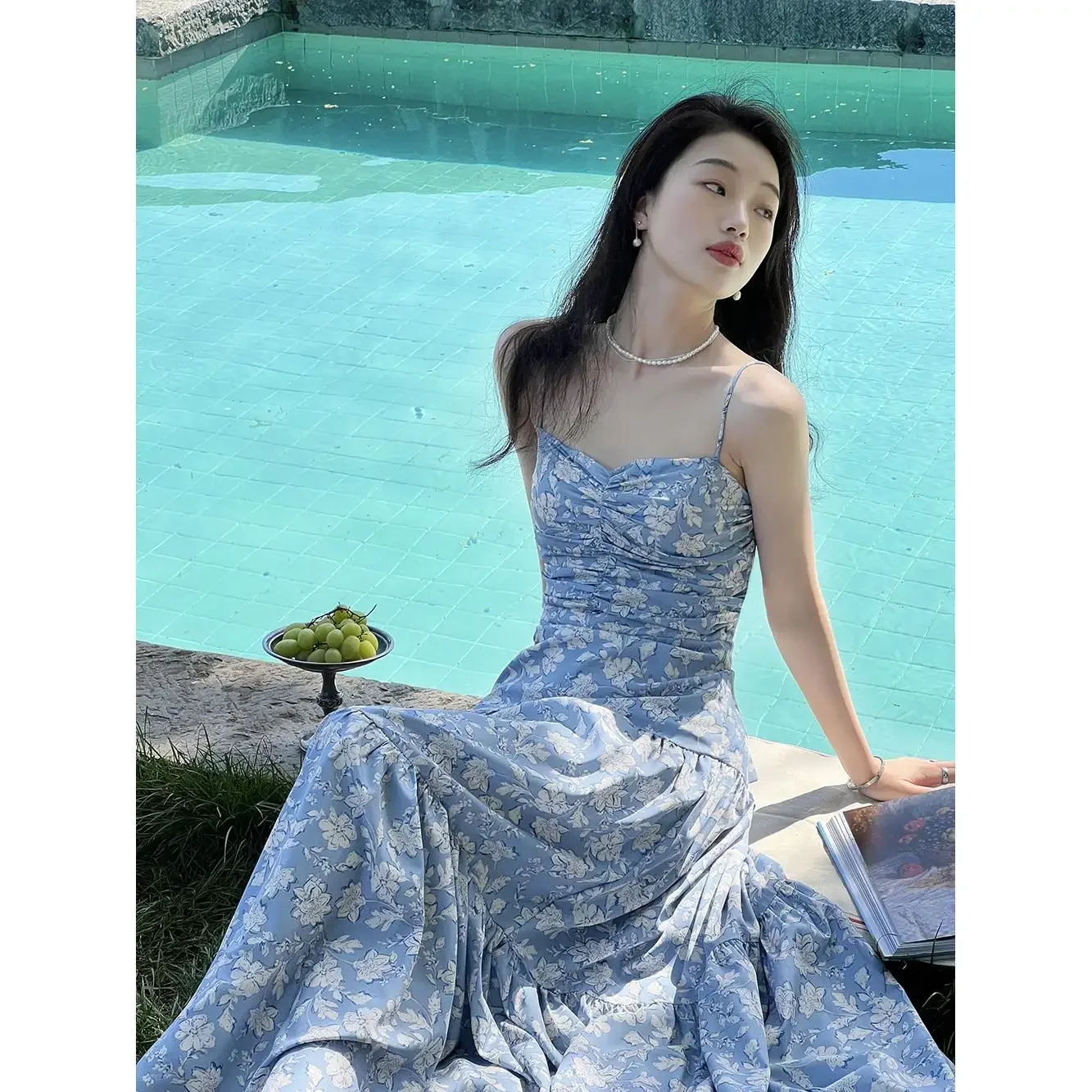 

Blue Floral Suspender Dress Women's 2024 Summer New Holiday Female French Backless Long ElegAnd Party Korean Fashion Dresses.