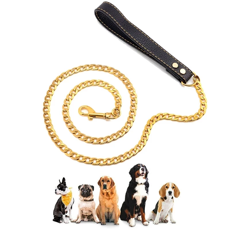 

4.5FT Metal Dog Lead Stainless Steel Chain 18K Gold Pet Leash with Leather Handle Training For Medium Large Dog