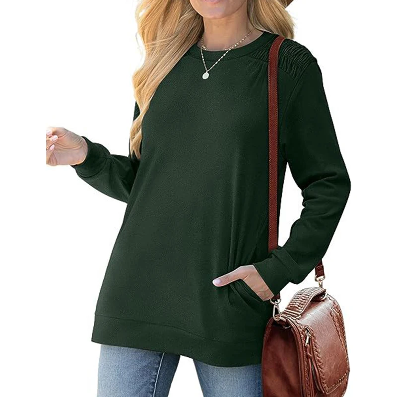 Autumn Winter Women's Round Neck Loose Casual Sweatshirt Female Folds Pocket Fashion Pullover Top Ladies Solid Color T-shirt Tee