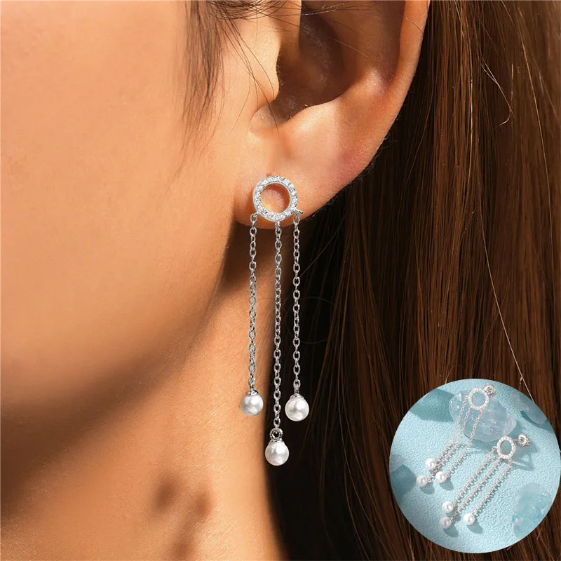 

100% 925 Sterling Silver Pearl Geometric Earrings for Women Girl Simple Chain Tassel Design Jewelry Party Gift Dropshipping