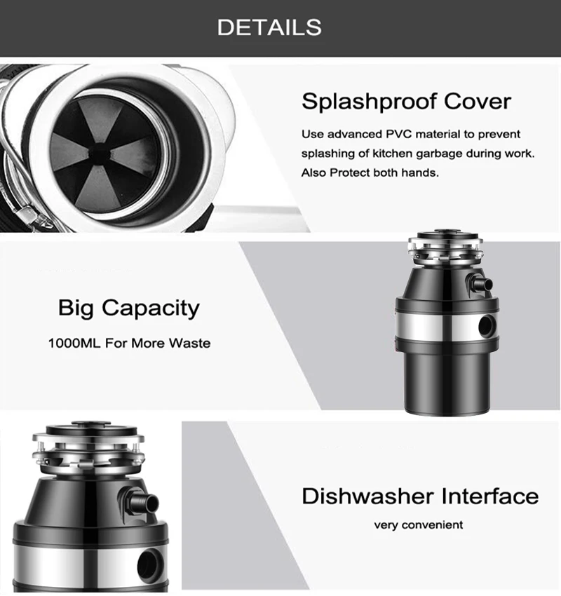 DIVEDEER Garbage Disposal 560W Household Air Switch Kitchen Waste Kitchen Food Bone Crusher Shredder