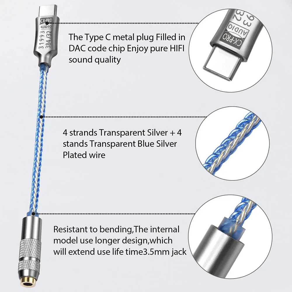 USB Type-C To 3.5Mm Earphone Amplifier High Quality-Compact CX31993- 32Bit, 384Khz Audio Interface Adapter For Crystal-Clear