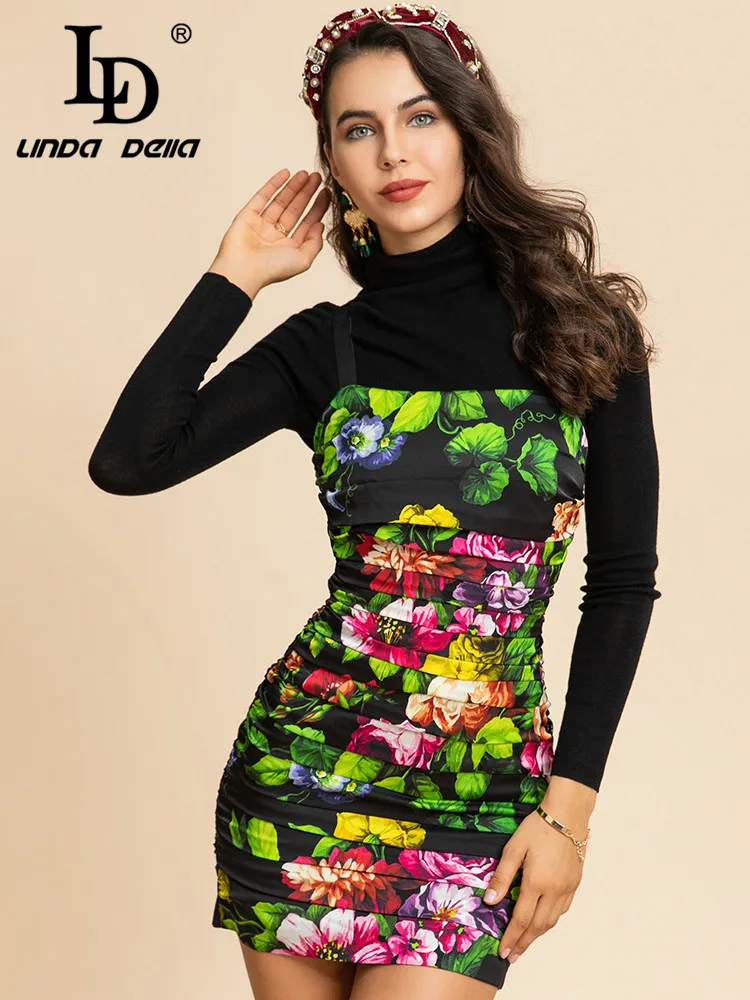 

LD LINDA DELLA Designer Autumn Winter Short Dress Set Women Long sleeve Black Top＋Floral Spaghetti Strap Silk Dress 2 Piece Set