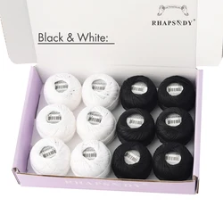 Rhapsody Pearl Cotton Crochet & Embroidery Thread Set - 12 Balls of Premium Mercerized Egyptian Cotton - Size 8 (BLACK WHITE)