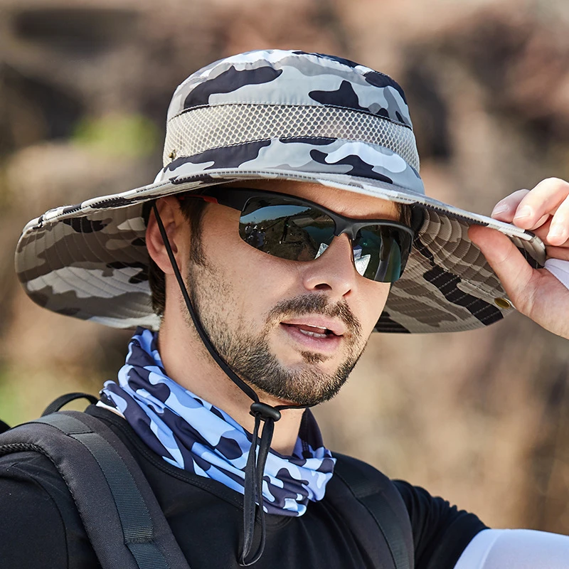 New Classic Camouflage Bucket Hat for Men Summer UV Protection Climbing  Fishing Hat 10cm Big Brim Mesh Breathable Sunscreen Cap