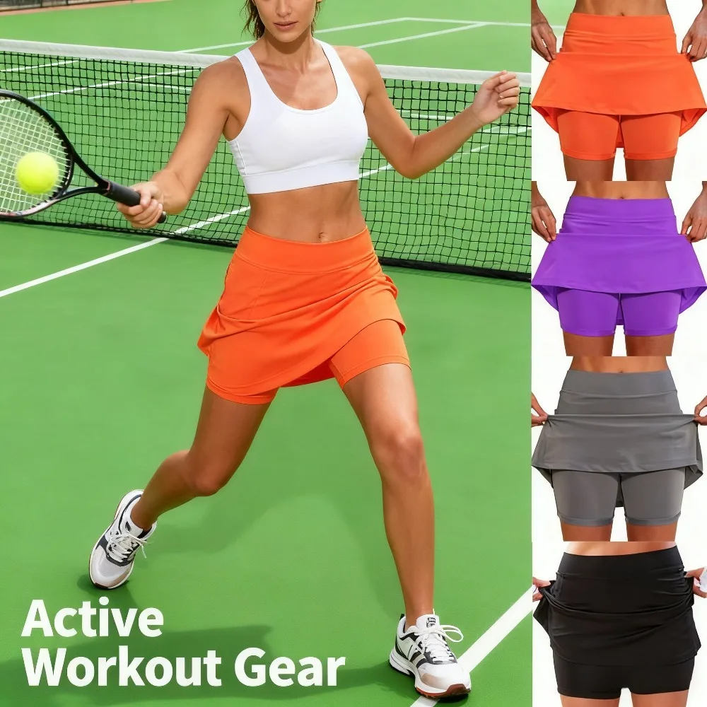 Women's Sporty Casual Skort Stylish Solid-Color Mid-Waisted Slimming Side Pockets Anti-Exposure Pants-Skirt