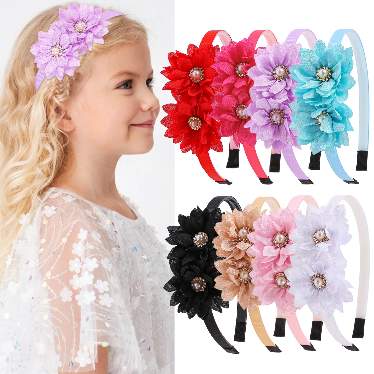 3PCS Crystal Flower Headbands for Girls Pearl Floral Bows Headband Plastic Teeth Hairbands Children Back School Hair Accessories