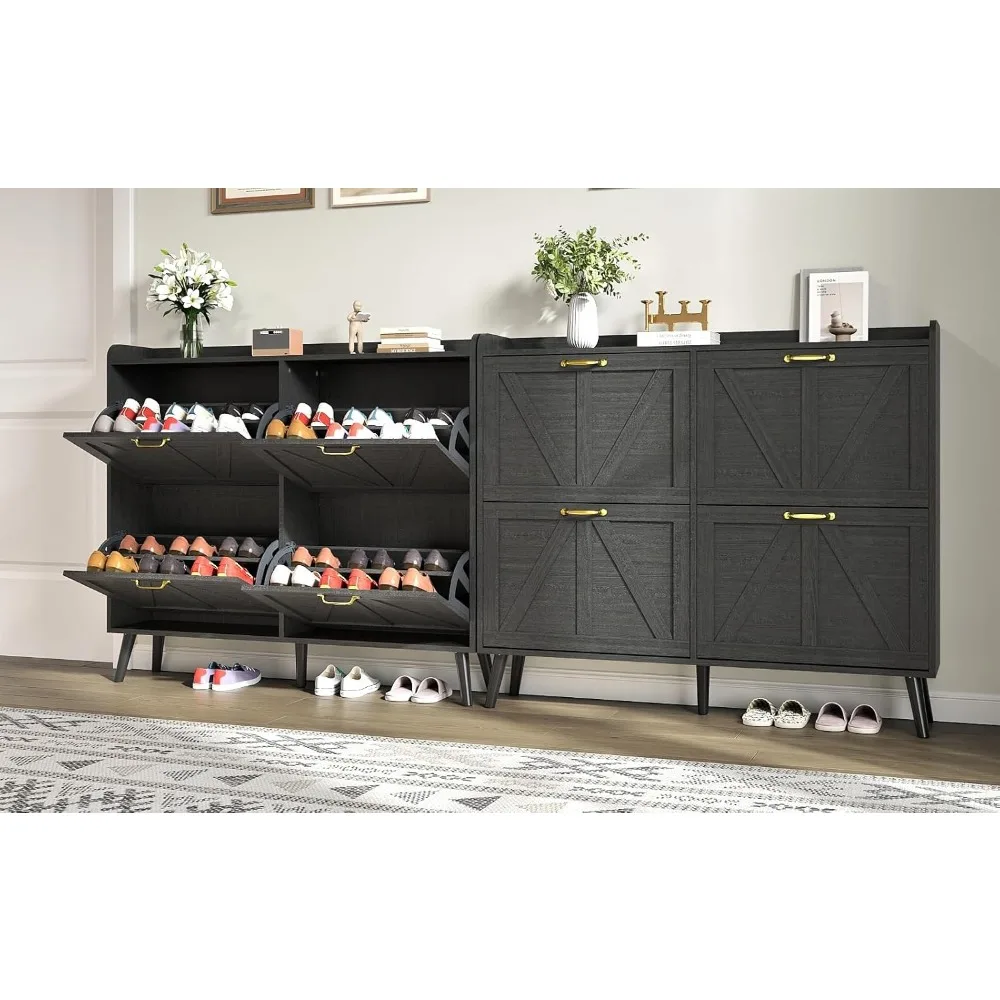 Shoe Storage Cabinet with 4 Flip Drawers, Shoe Cabinet Storage for Entryway Slim, Freestanding Black Shoe Cabinet, Farmhouse 4