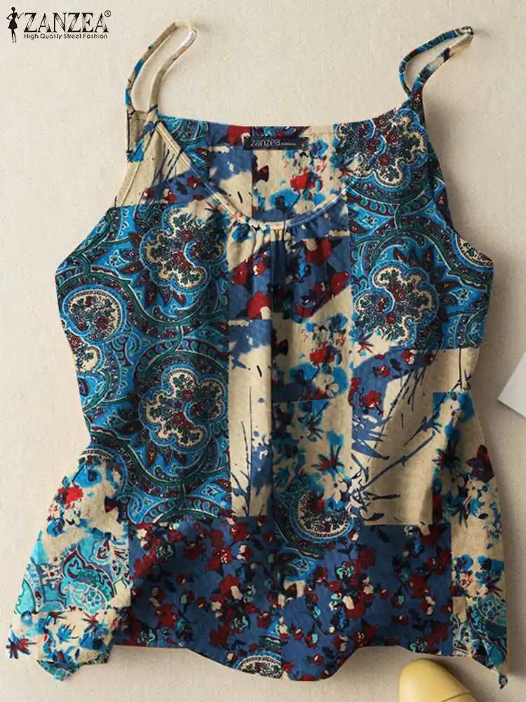 ZANZEA 2023 Summer Women Tanks Camis Cotton Sleeveless Printed Oversized Tops Baggy O-Neck Floral printed Blusas Tunic Tee 3