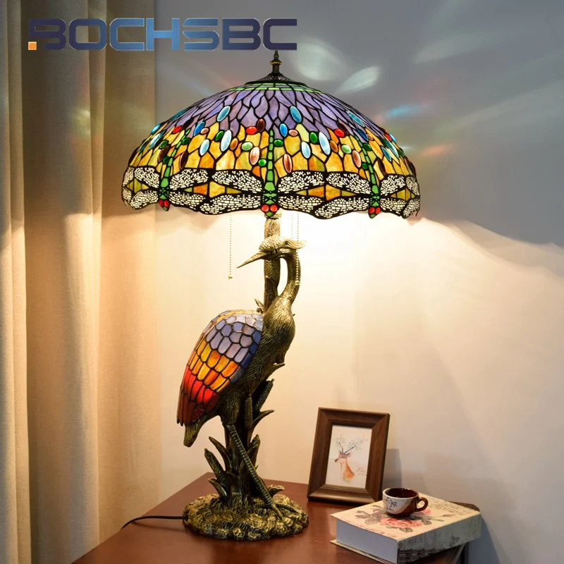 

BOCHSBC Tiffany retro dragonfly style stained glass desk lamp art Deco living room Dining room Hotel study bed crane task lamp