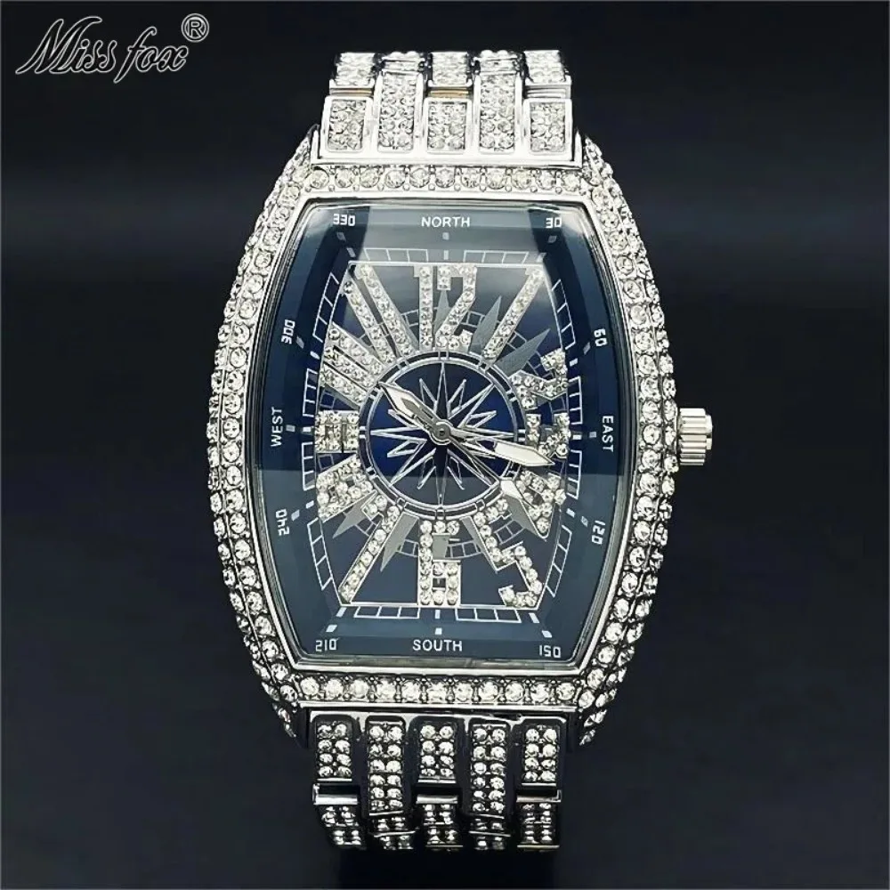 2024 MISSFOX Luxury Mens Watches Fashion Hip Hop Iced Diamond Waterproof Tonneau AAA Quartz Wristwatch Male Reloj Free Shipping