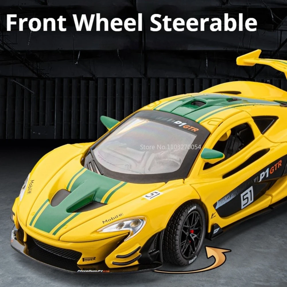 1/22 P1 GTR 모델 자동차 장난감, 합금 다이캐스팅 럭셔리카 로고, 3 문짝 열 수 있음, 사운드 라이트 풀백 모델 장식 축제 선물