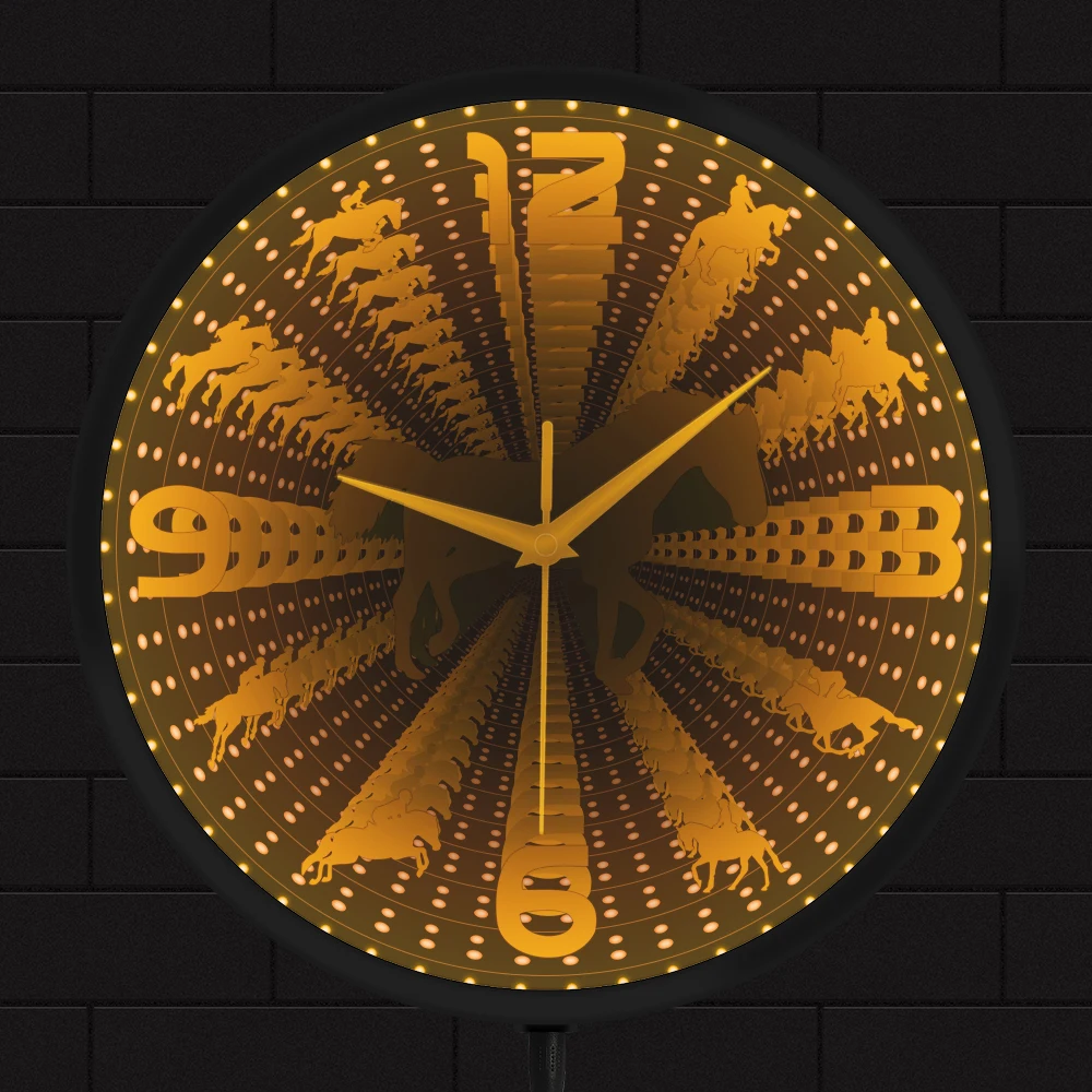 

Horse Riding Infinity Mirror Effect Wall Clock Stallion Portrait Animal Equestrian Decor Never Ending Tunnel LED Lighted Watch