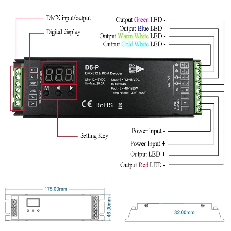 PWM RGBCCT LED 컨트롤러, 향상된 조명 제어용 RDM 및 디지털 디스플레이, 5 채널 DMX 디코더