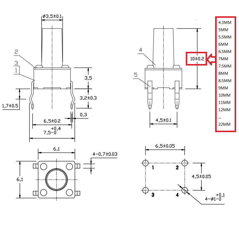 1000 teile/los 6x6x5/4.3/6/7/8/9/10/11/12mm Taktsc halter Druckknopf schalter 12V 4-poliger Dip-Mikrosc halter für TV/Spielzeug/Heimgebrauch taste – Detail 1