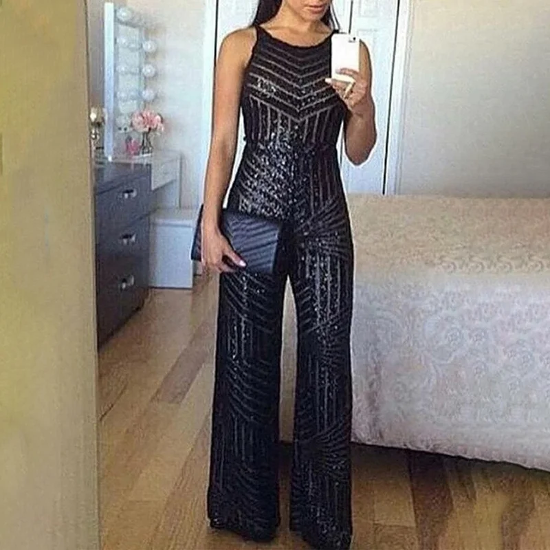 Women Fashion Elegant Casual Sequined Jumpsuit Workwear Party Romper Overalls Female Sleeveless Zipper Pocket Design Jumpsuits