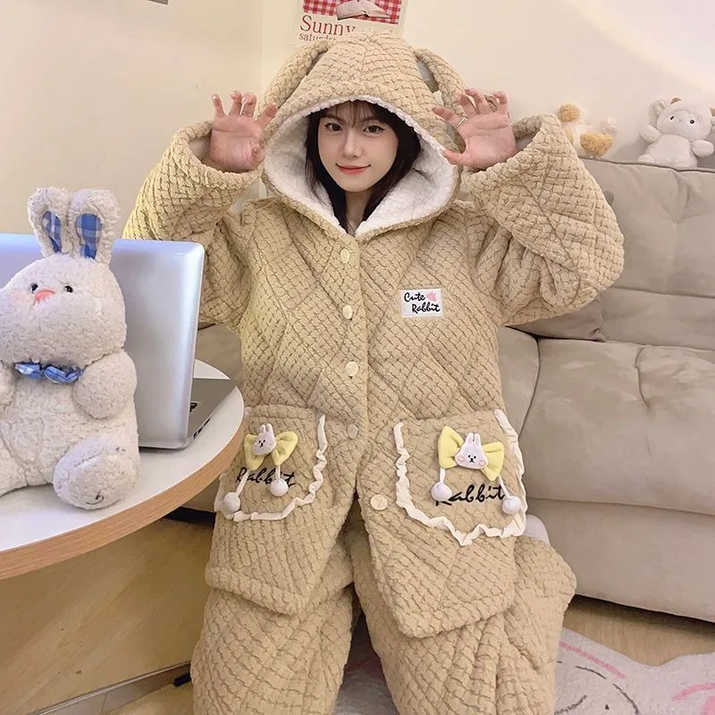 Famale Thick Pajamas Women Winter Three-layer Loungewear Extra-thick Sleepwear Suit Velvet Pad Warm Household Clothes Set Pijama