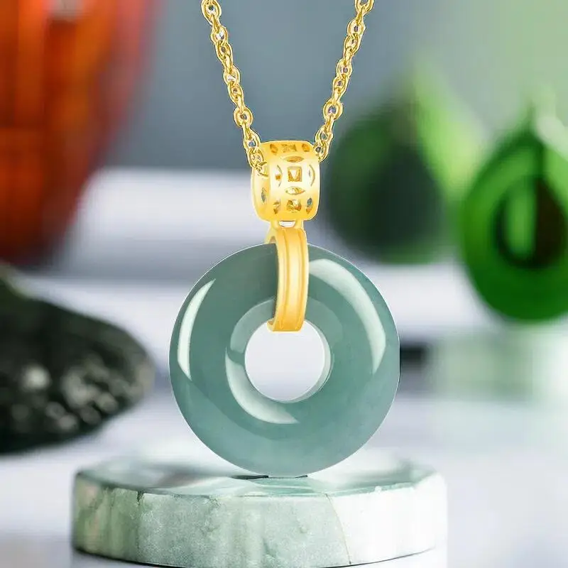 

Blue Myanmar Jadeite Ring Pendant Necklace Accessories 18K Gold Plated Natural Jewelry Carved Man Real Burmese Jade Vintage