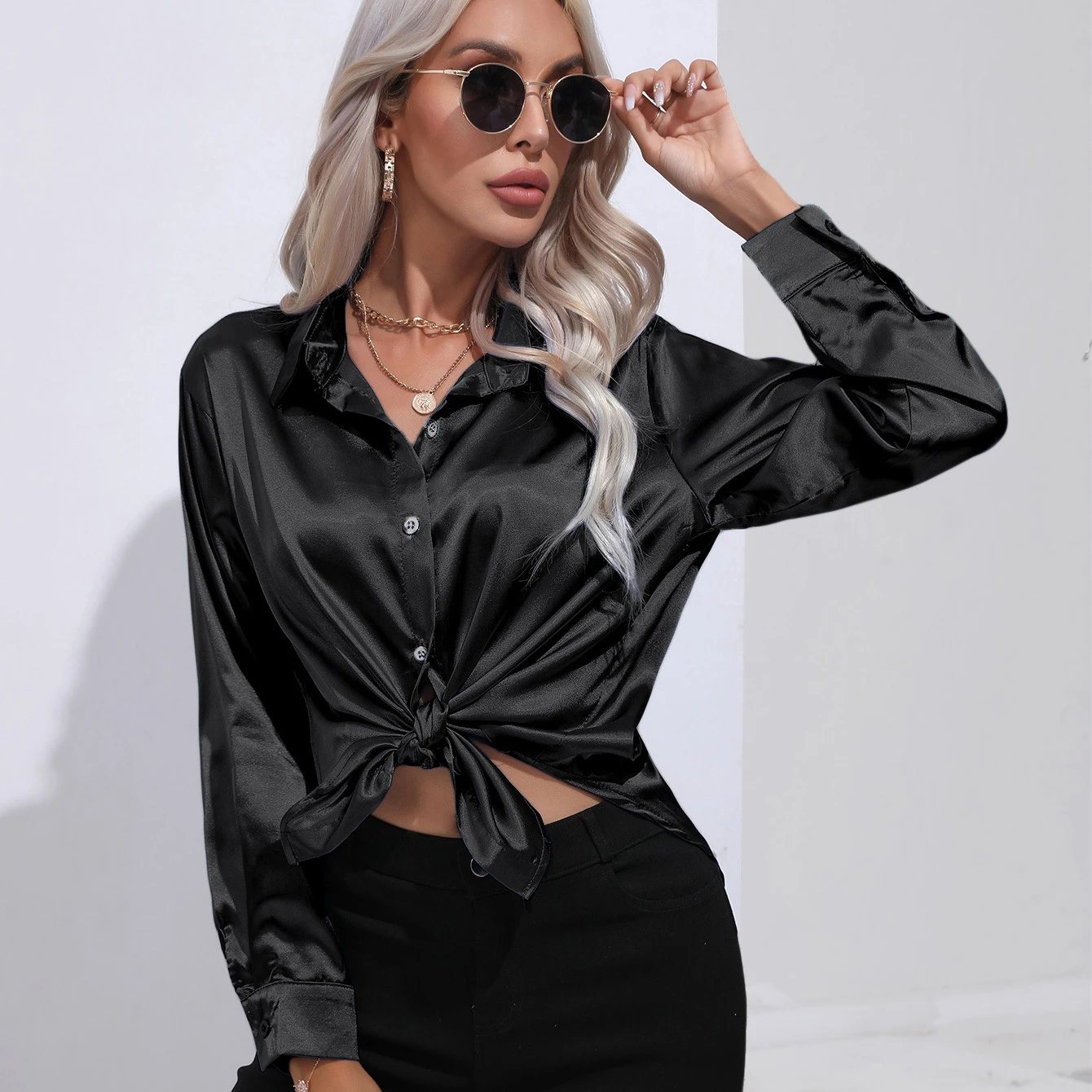 Retro Trend Office Lady Casual Basic Shirt Autumn All-Match Elegant Satin Shirt Loose Top Multi-Color Dance Party Women Shirt