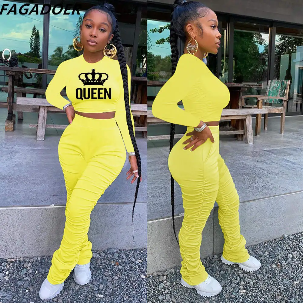 

FAGADOER Fall Winter Fashion Streetwear Women Queen Letter Print Long Sleeve Crop Top And Stacked Pants Two Piece Set Tracksuits