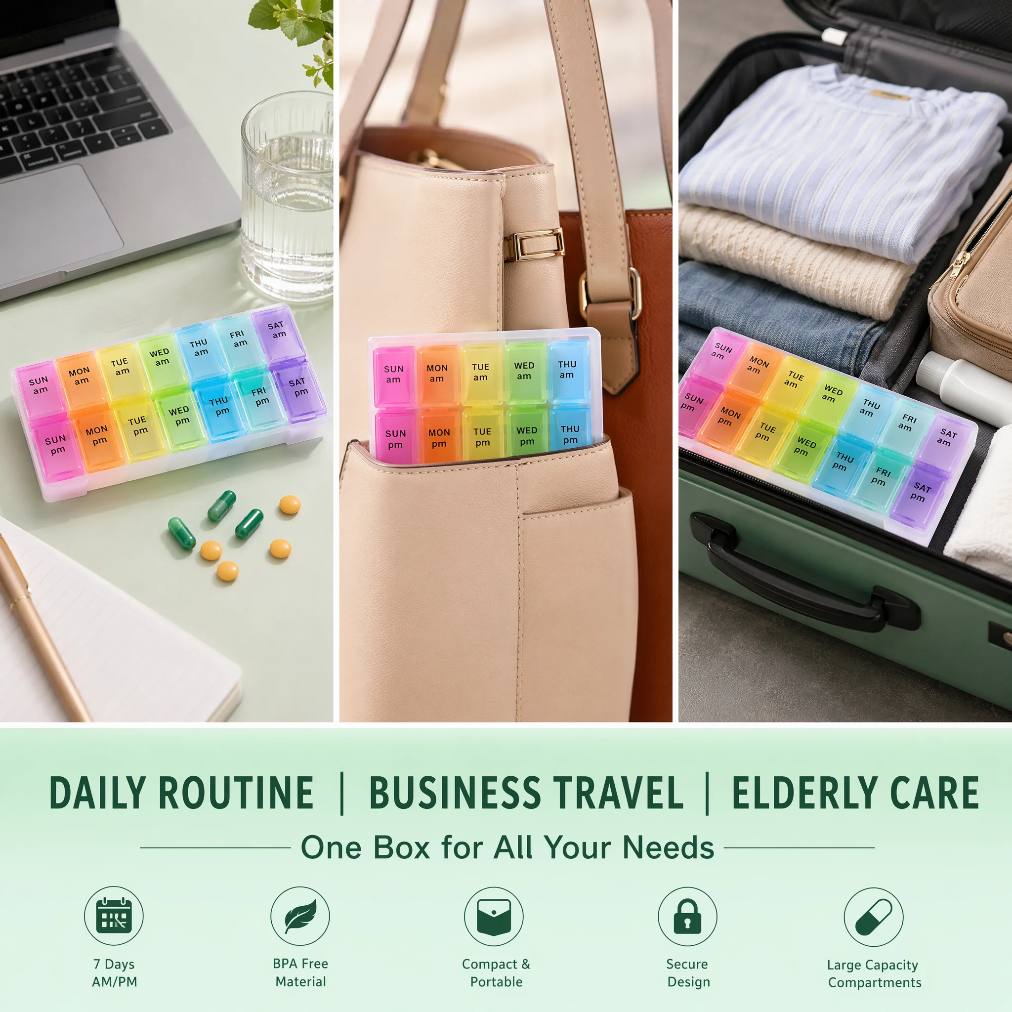 Weekly Pill Organizer with 14 Compartments for Daily Travel – Compact Medicine Box for Vitamins and Supplements
