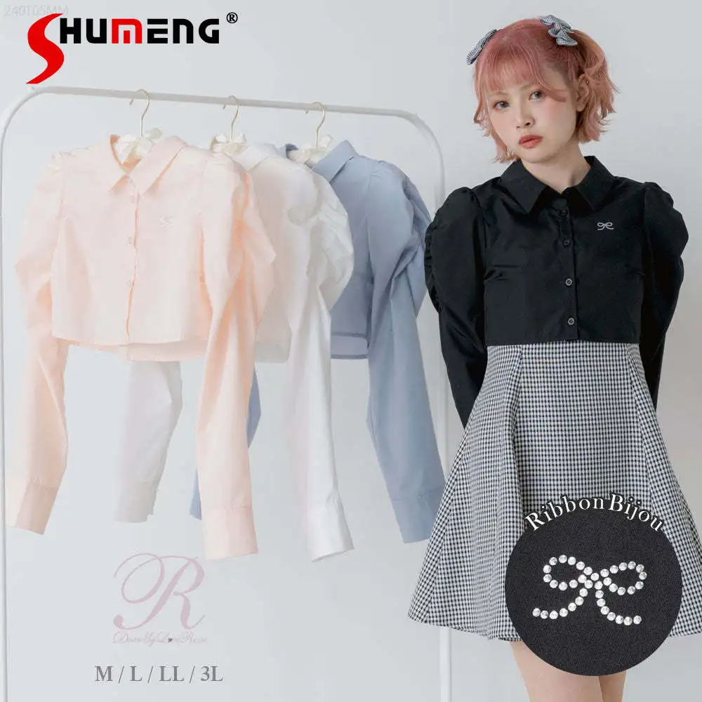 2024 Spring Sweet Blouse Exquisite Solid Color Puff Sleeve Japanese Lolita Style Shirt Short All-Match Short Top Blusas De Mujer solid color 32k business office schedule diary notebook annual calendar exquisite stitched leather pu notebooks weekly planner