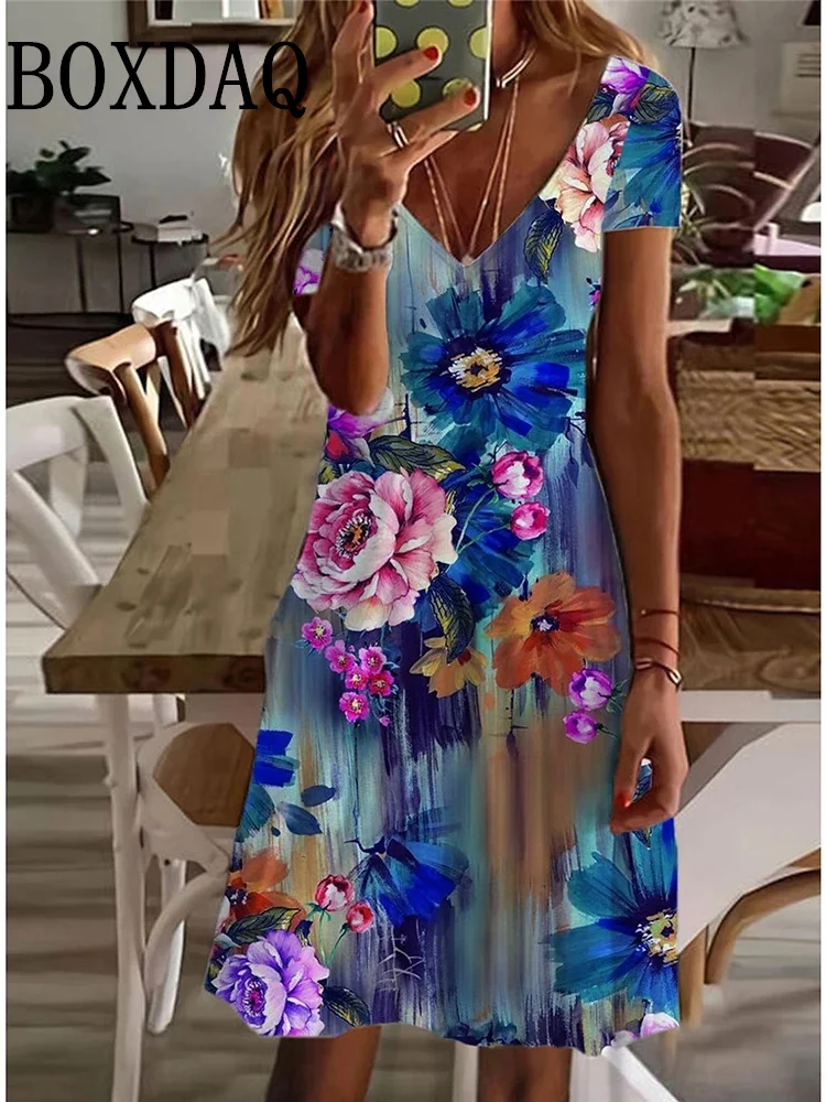 Abito Casual da donna Summer Plant Floral Print scollo a V abito