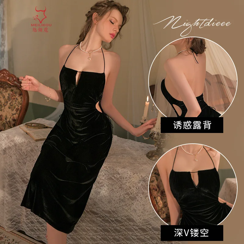 

Sexy pajamas for women with pure lustful style, hollowed out waist, suspender pajamas for women with simple velvet, long dresses