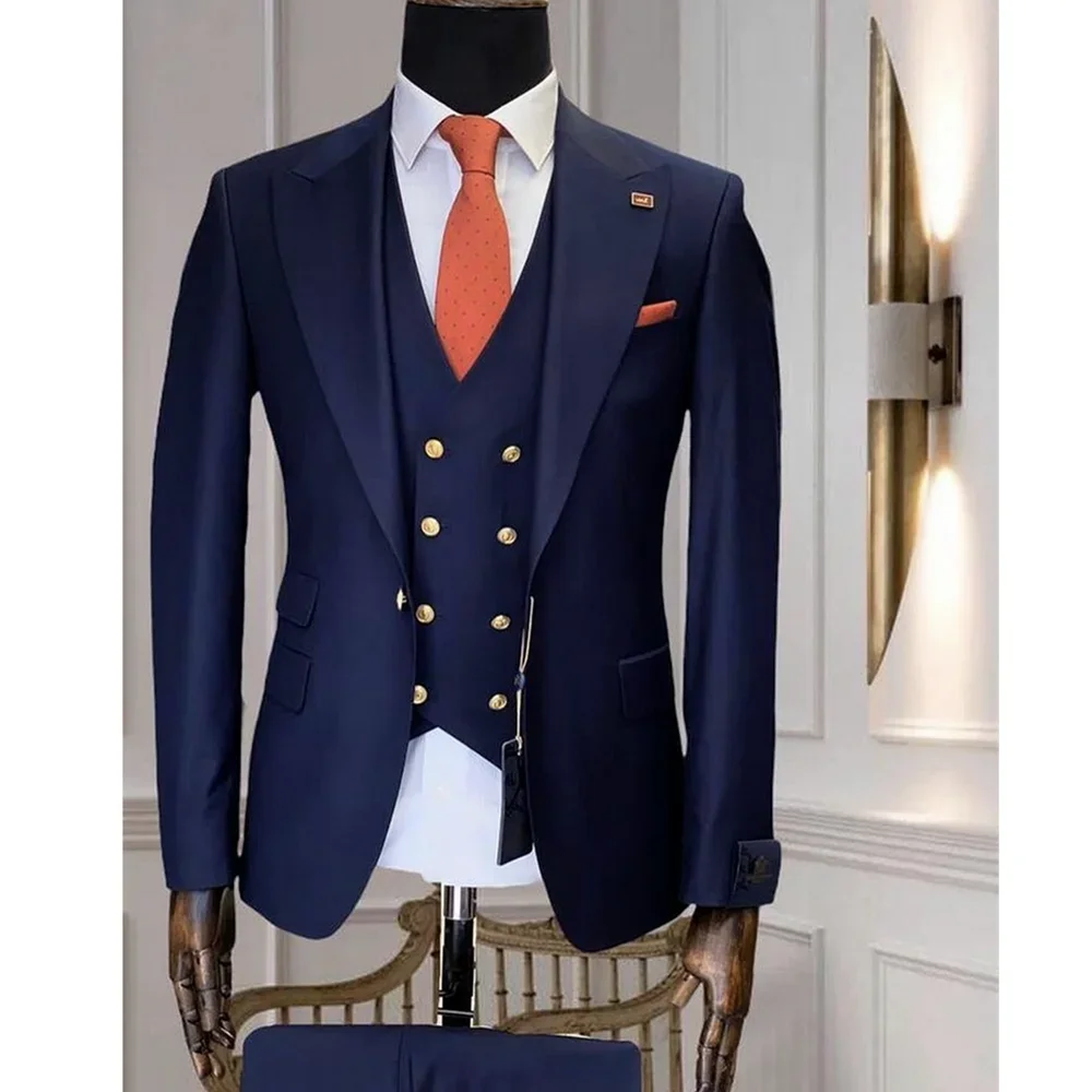 

Navy Blue Suits for Men 3 Piece High Quality Peak Lapel Slim Male Suit Fashion Wedding Groom Casual Formal Full Men's Suit 2024
