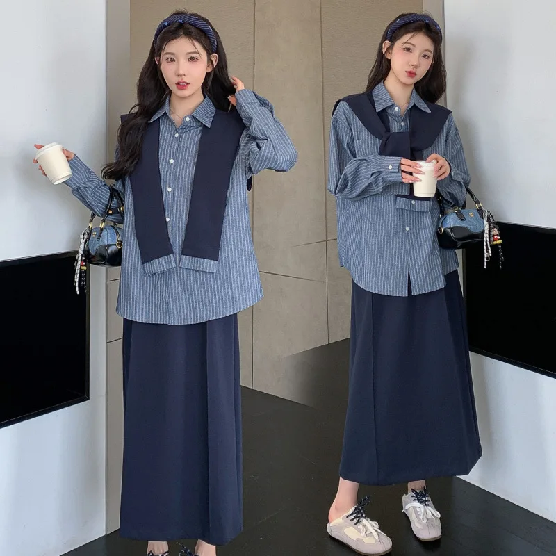 임산부 가을 긴팔 스트라이프 셔츠와 숄, 스커트 3피스 세트 루즈 캐주얼 패션 한국 스타일 레이지 바이브