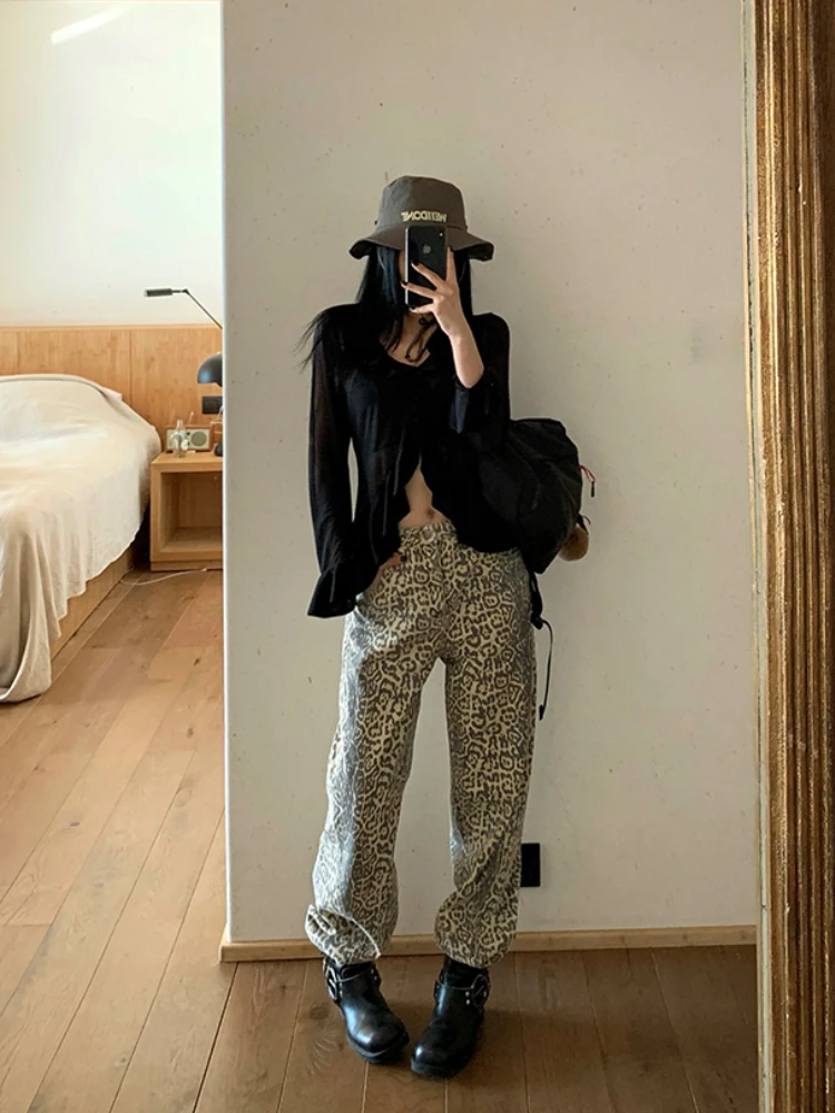 Y2K Leopard Print Jeans Women Harajuku Streetwear Retro Wide Leg Denim Pants Oversized Vintage 90s Hip Hop Trousers Autumn
